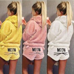Women Sleepwear MEOW Cat Print Pullover Hooded Long Sleeve Tops Shorts Pyjama Sets Sleep Top Bottoms241u