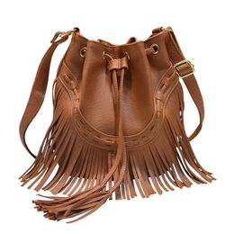 New Luxury Leather Bags for Women Handmade Tassel Messenger Shoulder Bag Vintage Lady Drawstring Bucket Bag