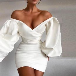 Casual Dresses Sexy Off Shoulder Women Dress Summer Elegant Solid V Neck Long Sleeve 2021 Bodycon Satin House Of Cb Mini258Z