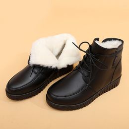 Boots Fashion Winter Shoes Plus Velvet Genuine Leather Mother Flat Ankle Ladies Lace Up Soft Bottom Thick Plush Warm Snow