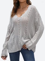 Women's Sweaters Benuynffy Deep V Neck 2023 Fall Hollow Out Drop Shoulder Long Sleeves Oversized Knitted Pullover Jumper Tops