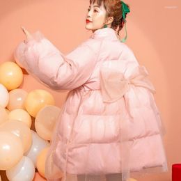 Women's Trench Coats Patchwork Puffer Jacket Cute Pink Parkas Bow Mesh Women 2023 Winter Cotton Style High Collar Zip Down Outwear