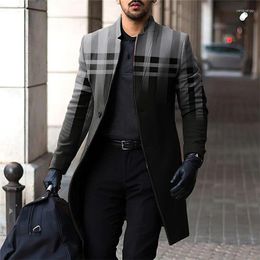 Men's Trench Coats Plaid Business Casual Coat Work Wear To Going Out Fall & Winter Stand Collar Long Sleeve Blue Brown Grey Windbreaker