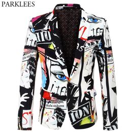 Mens Character Print Blazer Jacket Fashion Plus Size Floral Street Wear Suit Coats Casual Slim Fit Singer DJ Stage Costume Homme271y