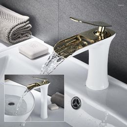 Bathroom Sink Faucets QIUCI Chrome White Basin Waterfall Faucet Deck Mounted Brass Vanity Single Handle Cold Water Tap