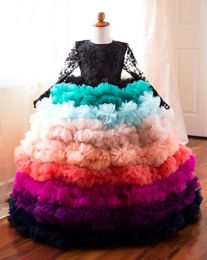 Girl Dresses Customised Flower Girls Puffy Ruffles Ball Gown Tulle Black Lace Kids Fully Ruffled Party Dress Birthday Gowns