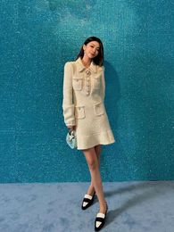 Self Portrait New Dress Pearl studded lapel long sleeved knit short skirt