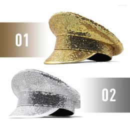 Berets Gold Silver Sequin Hat Adult Steampunk Cortical Cap Flat Military Hats Rock Night Club Party Dance Rave Goth Caps Cosplay