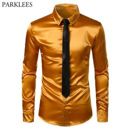 Men's Gold Silk Satin 2 Pcs Dress Shirts Shirt Tie Brand Slim Fit Button Down Wedding Party Prom Shirt Male Chemise Homme 3320r