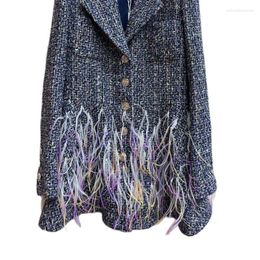 Women's Jackets 23Autumn Blue Woven Tweed Jacket Fashion Single Breasted Lapel Colourful Feather Suit Y2K Women Mid Length Clothing