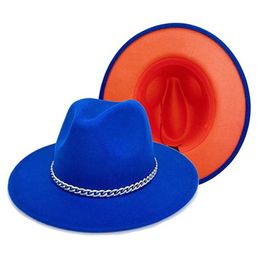 Wide Brim Hats Women Summer Blue Orange Patchwork Felt Fedora Hat Panama Cowboy Soft Sun Suitable For Beach214D