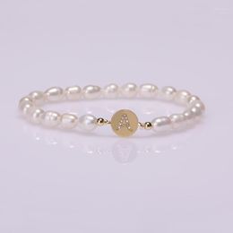 Charm Bracelets 2023 Natural Freshwater Pearl Bracelet With White Cubic A-Z 26 Letters Coin Connector For Women Bangle Dainty Gift