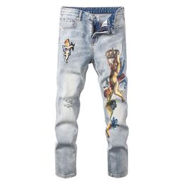 Sokotoo Men's angel crown printed embroidery jeans Fashion light blue slim fit stretch denim pants283c