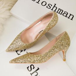 Dress Shoes Sequined Cloth Women Gold Shallow High Heels Pumps Pointed Toe Elegant Party Wedding Woman Fashion