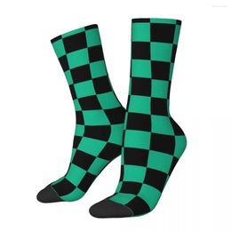 Men's Socks All Seasons Crew Stockings Checkered Pattern - Black And Green Harajuku Crazy Long For Men Women Christmas Gifts