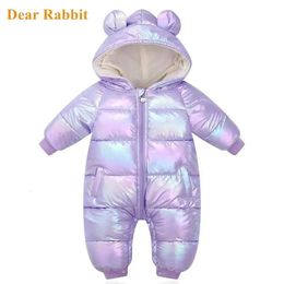 Down Coat Plus Velvet Jumpsuits Baby Winter Rompers Cartoon Hooded Shiny Waterproof born Girls Snowsuit Toddler Boys clothes 231007