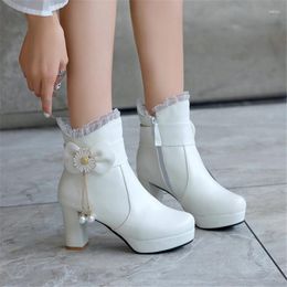 Boots PXELENA Sweet Bow Knot Crystal Chain Flower Women Wedding Party Dress Evening Shoes White Pink High Heels Ankle Plus Size