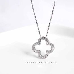 S925 Sterling Pure Silver Clover Designer Hollow Pendant Necklace Shining Zircon Crystal Lucky For Women Girl Link Chain Choker Necklaces Jewellery Gift