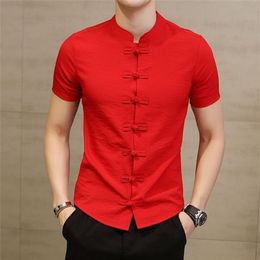 Chinese Collar Shirt For Men Slim Fit Frog Button Shirt Camicia Uomo Korean Fashion Short Sleeve Summer Stylish Shirt Red Black X0249A