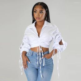 Women's Blouses White Women Shirt Hollow Out Long Sleeve Drawstring Tie Front Lace Up Pleated Crop Top Elegant Blouse Slim Shirts Cotton