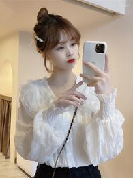 Urban Sexy Dresses Women's Blouses White Elegant Blouse Women Puff Sleeve Chic Beautiful Lace Shirts Pleated Sweet Korean Fashion Youth Chiffon