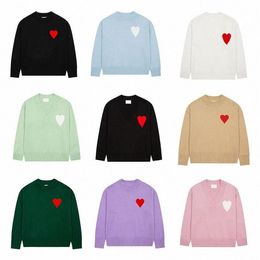 Mens Paris Fashion Designer Knitted Sweater Embroidered Red Heart Solid Colour Big Love Round Neck Short Sleeve Amisweater Am i2707