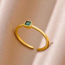 Cluster Rings Small Green Square Zircon For Women Vintage Gold Colour Round Stainless Steel Ring 2023 Trend Luxury Jewellery Wedding Gifts