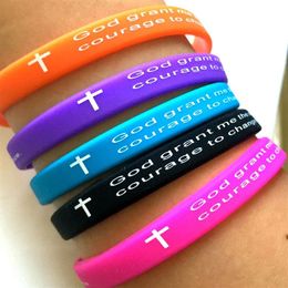 50pcs Colour 7mm Width Serenity Prayer GOD GRANT ME Bible Cross Silicone bracelets Wristbands whole Christian Jewe213C