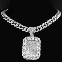 Pendant Necklaces Iced Out Shiny Geometric Square Tag Necklace Women Men 13mm Miami Curb Cuban Link Chunky Chain Hip Hop Jewellery