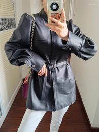 Women's Leather Mid-length Genuine Jacket For Women Spring Autumn 2023 Trend High-end Stand Collar Shirt Sheepskin Coat With Belt