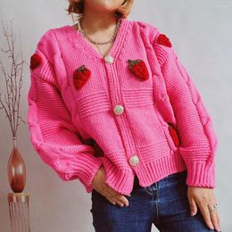 Women's Sweaters Fashion Loose Strawberry Embroidered Knitted Cardigan Autumn Long Sleeve V-Neck Button Casual Stylish Warm Lady Coat