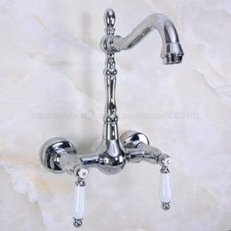 Bathroom Sink Faucets Polished Chrome Basin Swivel Spout Faucet Wall Mounted Dual Ceramic Handles Vessel Mixer Taps Znf961