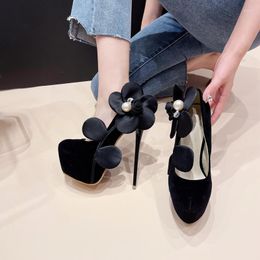 Dress Shoes 16cm Stilettos Black Platform High Heels White 3D Big Flower Rhinestone Pumps Women Round Toe Wedding Talon Femme