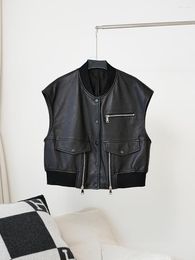 Women's Leather Loose Sleeveless Genuine Working Wear Vest For Women 2023 Autumn Sheepskin Motorcycle Jacket Short Coat