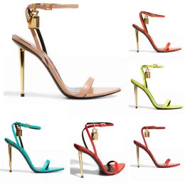 Tomf-sandal sandal pointy toe padlock Lock 105mm gold heels Bicolor Ankle-Strap Sandals naked leather pop heel sandals 35-44EU
