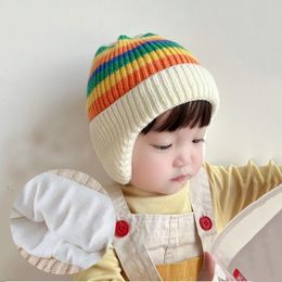 M676 New Autumn Winter Baby Kids Knitted Hat Rainbow Stripe Cute Earmuff Caps Children Skull Beanies Boys Girls Warm Hats