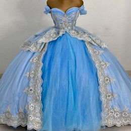 Sky Blue Quinceanera Dress Off Shoulder Beads Crystal Princess Prom Ball Gown Sweet 16 XV Years Old Miss Birthday Pageant Mexican Dress