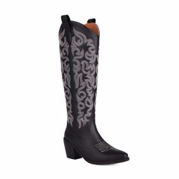 35-43 Large Women's Boots Autumn/Winter Embroidery Thick High Heel High Sleeve Boots Western Denim Boots H301 231003