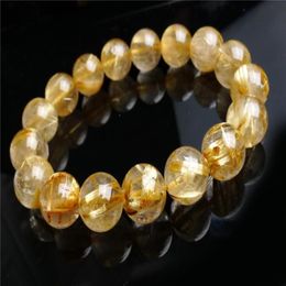 13mm Brazil Genuine Natural Yellow Gold Hair Rutilated Quartz Stone Round Crystal Bead Bracelet CPAM Beaded Strands1902