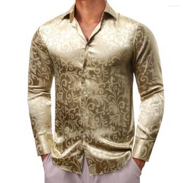 Men's Casual Shirts Luxury For Men Silk Satin Brown Flower Long Sleeve Slim Fit Male Blouses Trun Down Collar Tops Breathable Clothing