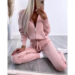 Women's Two Piece Pants Casual Women Zipper Braided Knitted Long Sleeve Coat & Drawstring Set Korean Style Pieces In Suit 2023 Y2k Clothes