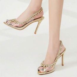 Dress Shoes Rhinestone Women High 9cm Heel Sandals Fashionable Clear Ankle Strap Stiletto Heeled Light-up Pump Glamorous Summer Female
