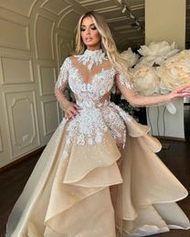 Two Pieces Mermaid Champagne Wedding Dresses with Sheer Long Sleeves White Lace Tired Train Plus Size Bridal Party Gowns Robe De Marriage