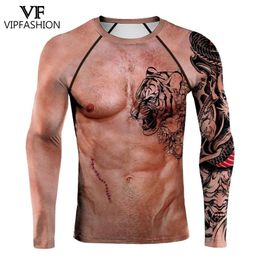 VIP FASHION Funny Chest Muscle Gym Clothing Fitness T-shirt Men Compression Skinny Bodybuilding Long Sleeve Sports Workout Tee 220258F