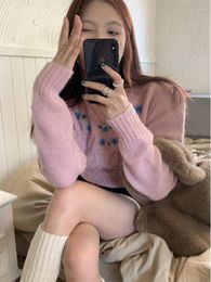 Women's Sweaters Deeptown Korean Fashion Pink Cropped Sweater Women Harajuku Vintage Casual Knitted Pullover Lazy Style Slim Jumper Y2K Top