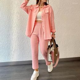 Women's Two Piece Pants Spring Summer Double-deck Cotton Crepe Two-piece Suit Women Casual Sets Long-sleeved Blouses Tops Straight 2-piece