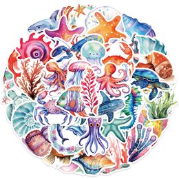 50 PCS Watercolor Marine Fish Stickers For Car Skateboard Fridge Helmet Ipad Bicycle Phone Motorcycle PS4 Book Pvc DIY Decals Kids Toys Decor