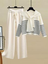 Women's Two Piece Pants Autumn Winter Knitwear Sets For Women Outfits Korean Casual Striped Knitted Sweater And Wide Leg Knitting