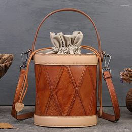 Evening Bags Vintage Cowhide Genuine Leather Women's One Shoulder Bucket Bag Casual Versatile Drawstring Lady Large Capacity Handbag M953