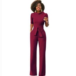 Women's Jumpsuits & Rompers Jumps Elegant Office Work Wear Business Formal 2021 Women Half Sleeve Pockets Wide Leg Pants Romp260V